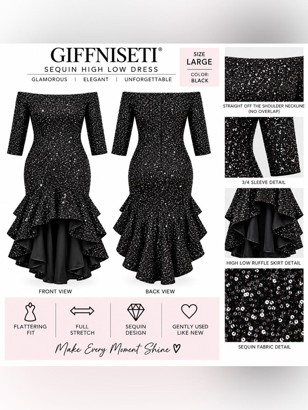 Black Sequin High-Low Ruffle Dress 3/4 sleeve
